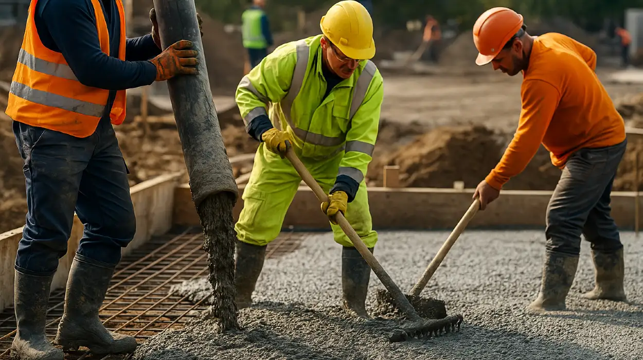 3 concrete contractors spreading concrete on the ground from Concrete Creations LL Houston in Houston, TX - Concrete Contractor 