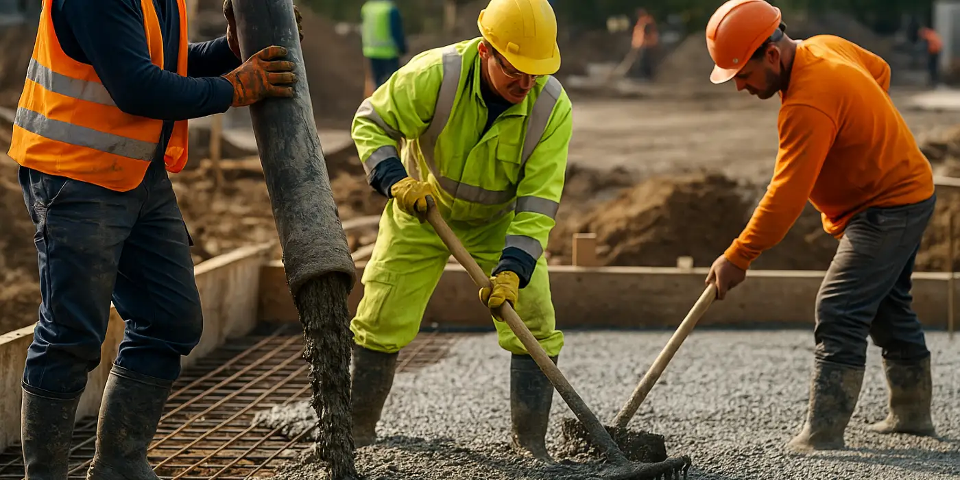 3 concrete contractors spreading concrete on the ground from Concrete Creations LL Houston in Houston, TX - Concrete Contractor 3 concrete contractors spreading concrete on the ground from Concrete Creations LL Houston in Houston, TX - Concrete Contractor