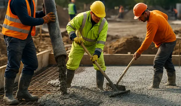 3 concrete contractors spreading concrete on the ground from Concrete Creations LL Houston in Houston, TX - Concrete Contractor 