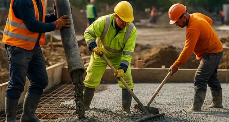 3 concrete contractors spreading concrete on the ground from Concrete Creations LL Houston in Houston, TX - Concrete Contractor 