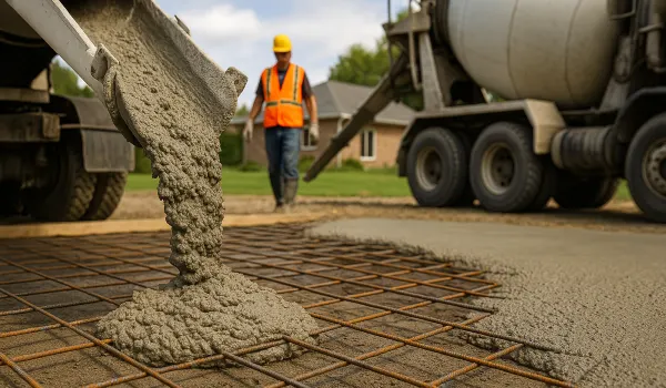 Cement truck pouring cement on a rebared ground from Concrete Creations LL Houston in Katy, TX - Katy TX