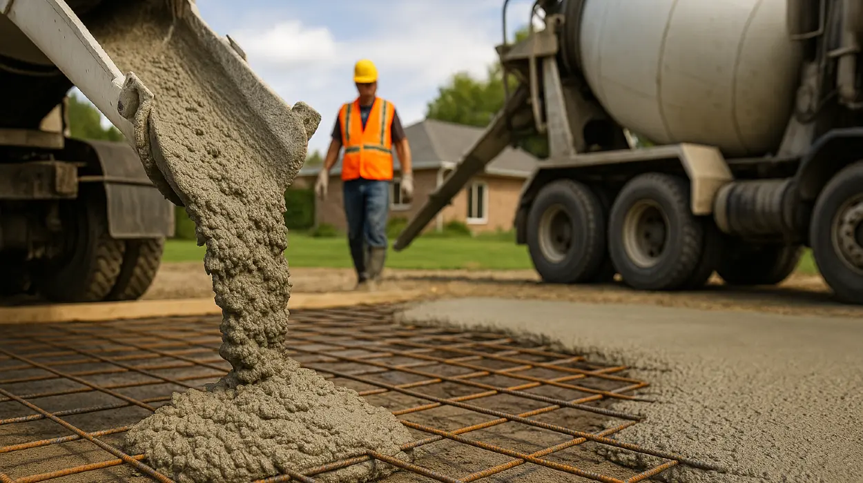 Cement truck pouring cement on a rebared ground from Concrete Creations LL Houston in Houston, TX - Sidewalk Repair