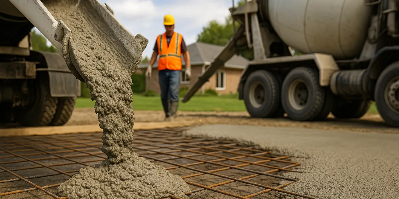 Cement truck pouring cement on a rebared ground from Concrete Creations LL Houston in Houston, TX - Sidewalk Repair Cement truck pouring cement on a rebared ground from Concrete Creations LL Houston in Houston, TX - Sidewalk Repair