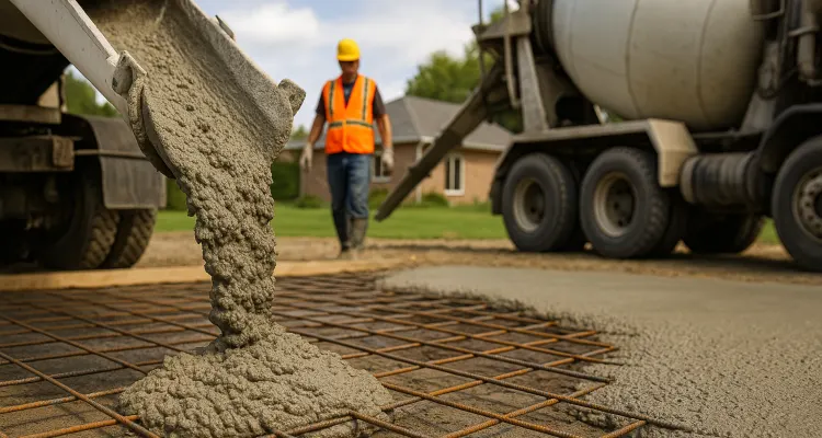 Cement truck pouring cement on a rebared ground from Concrete Creations LL Houston in Houston, TX - Sidewalk Repair