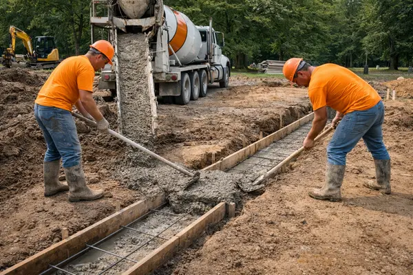 2 concrete contractors pouring cement in a form from CONCRETE CREATIONS LLC HOUSTON in Houston, TX - CONCRETE POURING SERVICES