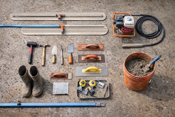 concrete tools laying on the ground from CONCRETE CREATIONS LLC HOUSTON in Houston, TX - CONCRETE RAISING SERVICES