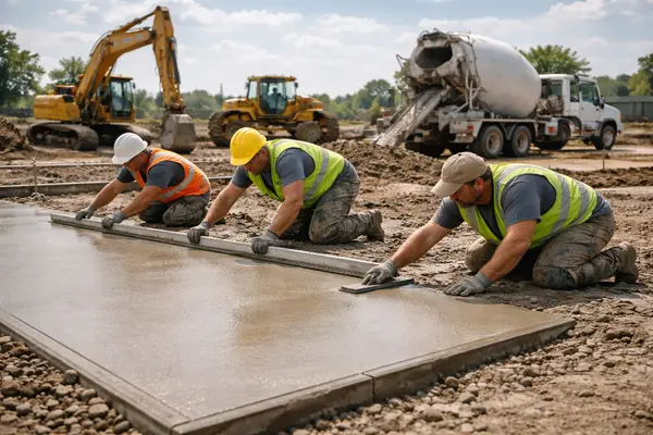3 concrete workers refinishing a new concrete slab from CONCRETE CREATIONS LLC HOUSTON in Houston, TX - CONCRETE RESURFACING