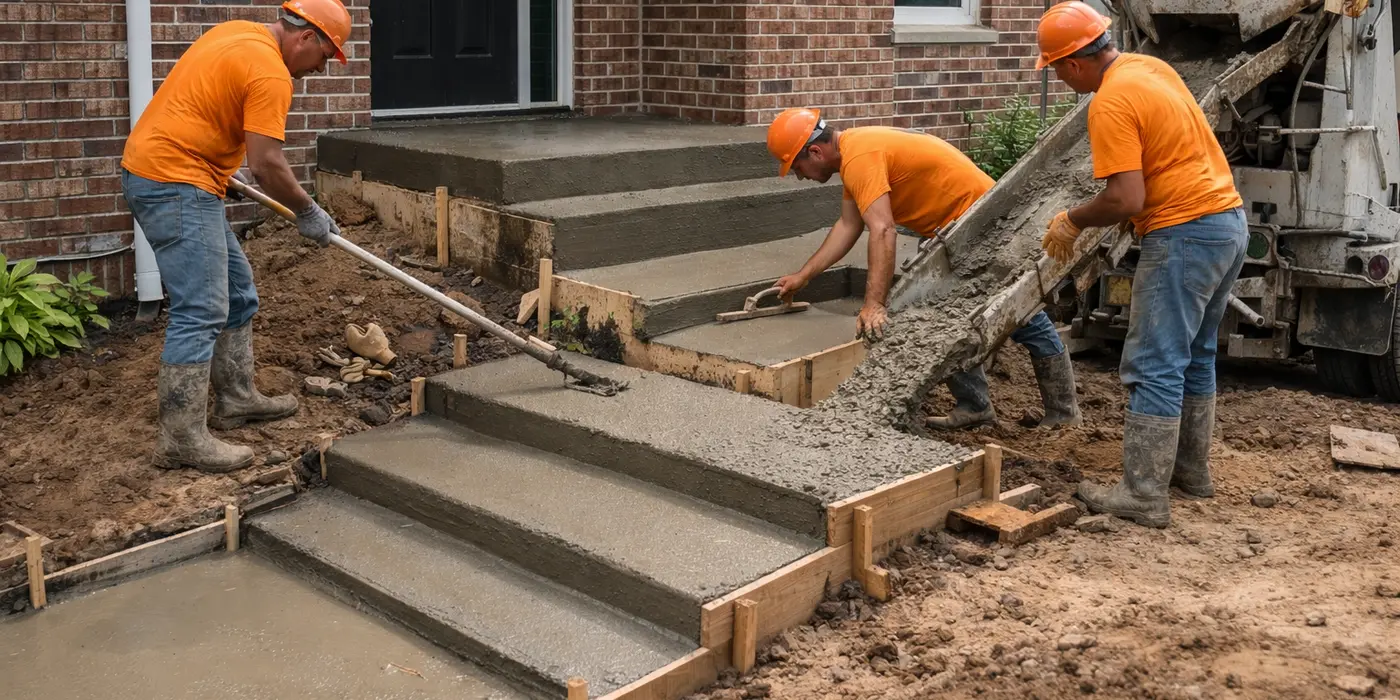3 concrete workers building a concrete step from CONCRETE CREATIONS LLC HOUSTON in Houston, TX - HOUSTON DRIVEWAY REPAIR